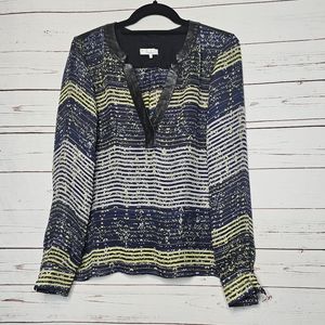 Parker Striped Silk Faux Leather Trim Top